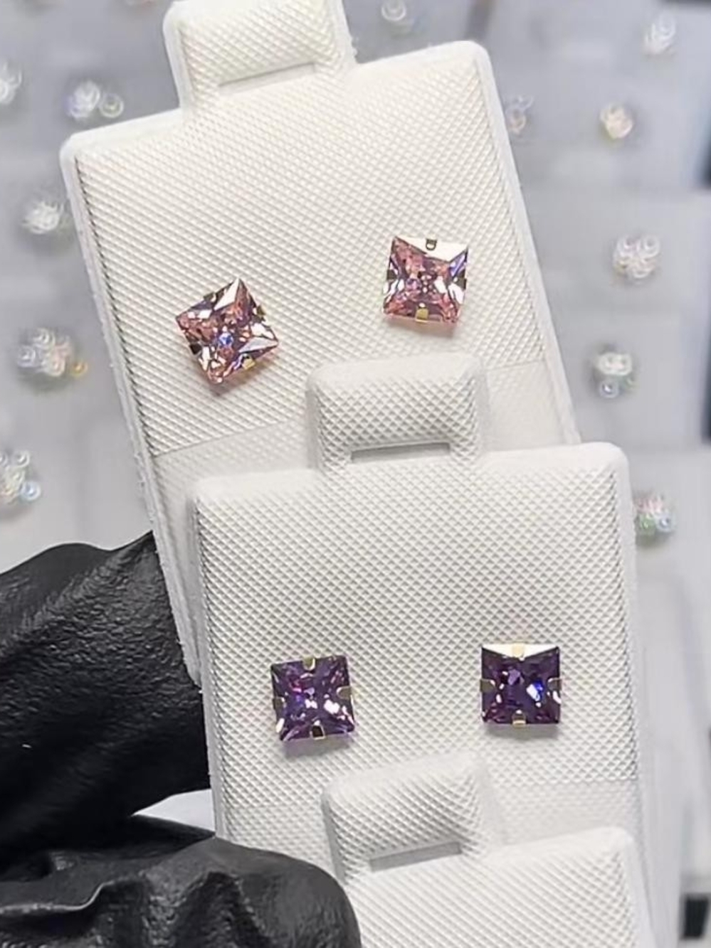 Square Princess-Cut Stud Earrings in Pink and Purple